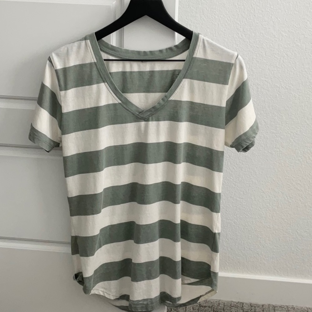 Z Supply- Green & White Striped V Neck Tee- Size M